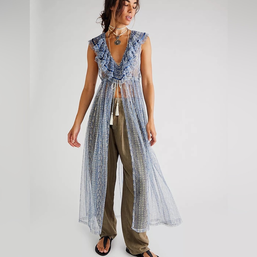 NWT Free People In Paris Maxi Top Sheer Small Blue Vintage Layer Flowy Festival